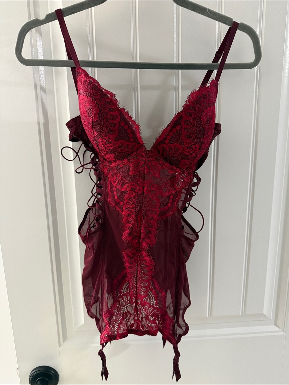 La SENZA Wine Red Lace Bustier Chemise with Strappy Sides